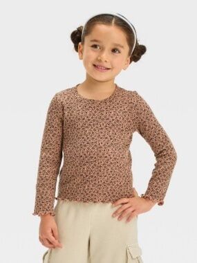 Cat & Jack Toddler Girls' Ribbed Long Sleeve T-Shirt in a Brown Animal